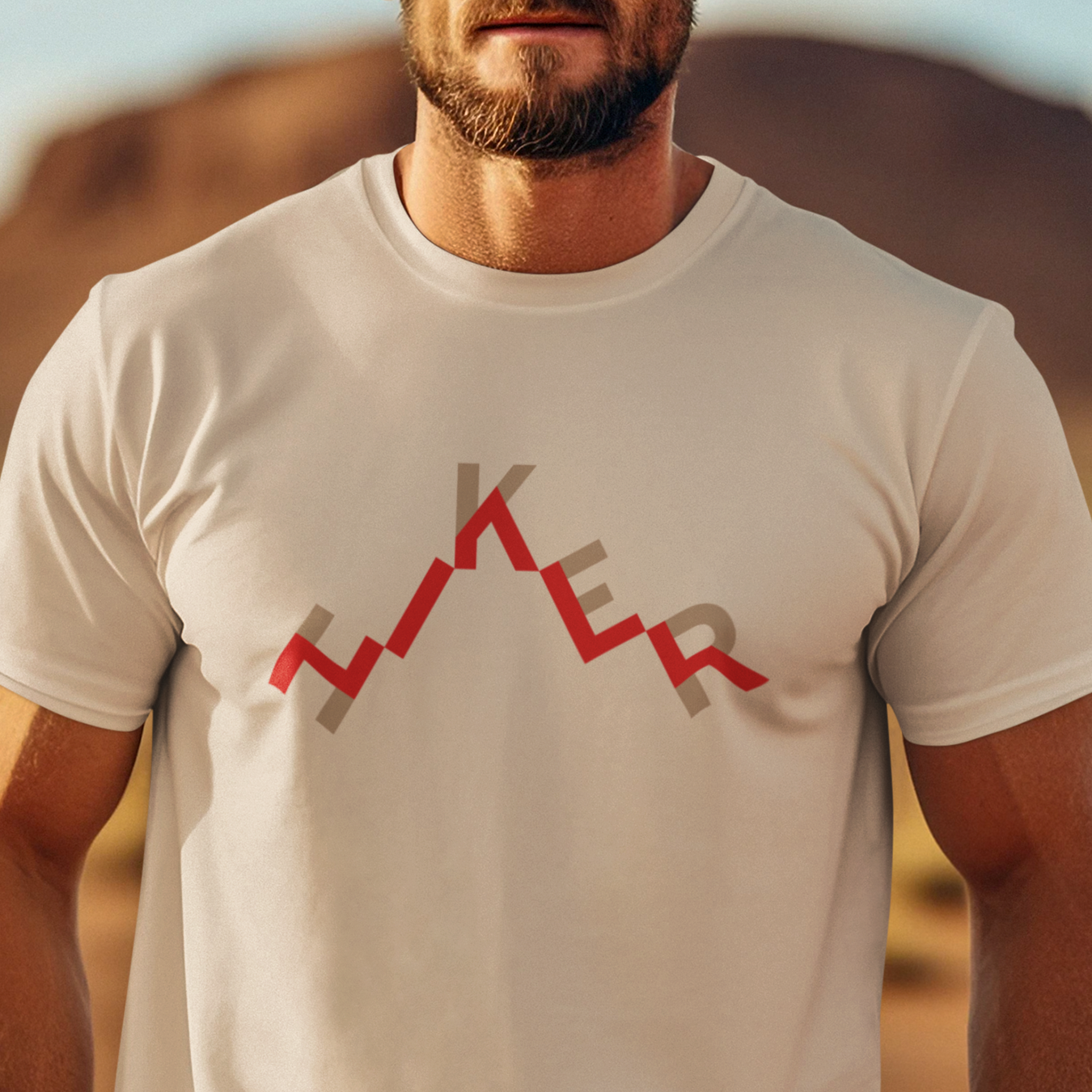 T-shirt with "hiker" text in a trail design.