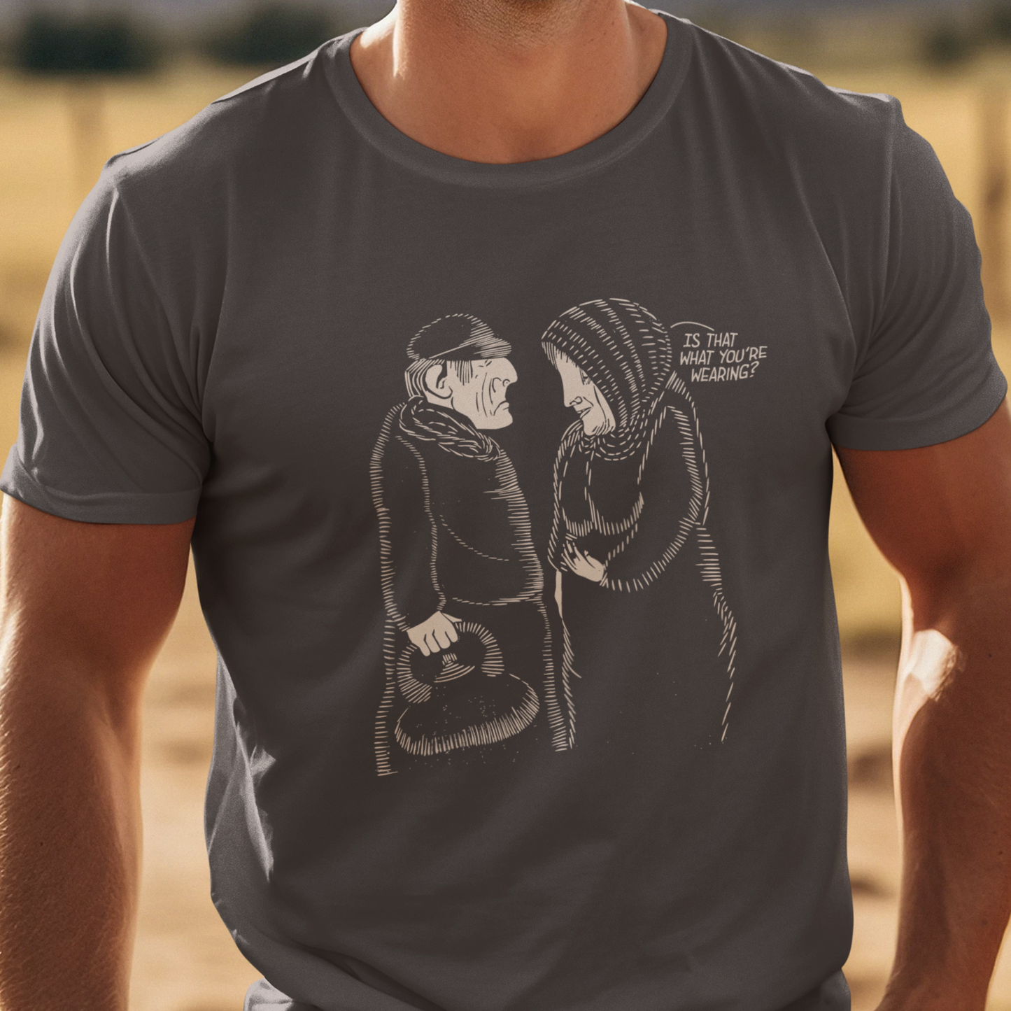 T-shirt with graphic of old couple and 'Is that what you're wearing?" text