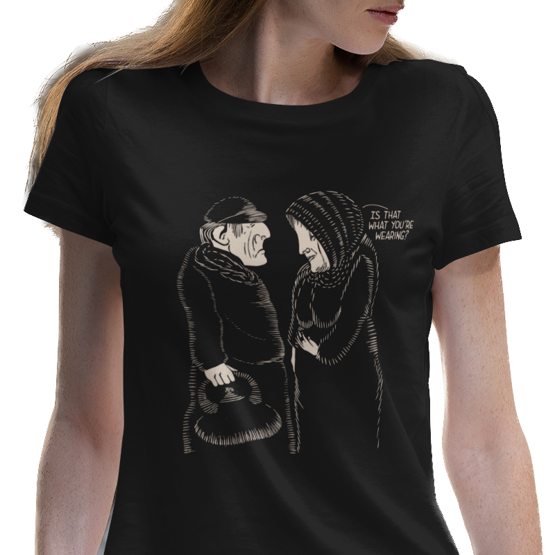 T-shirt with graphic of old couple and 'Is that what you're wearing?" text