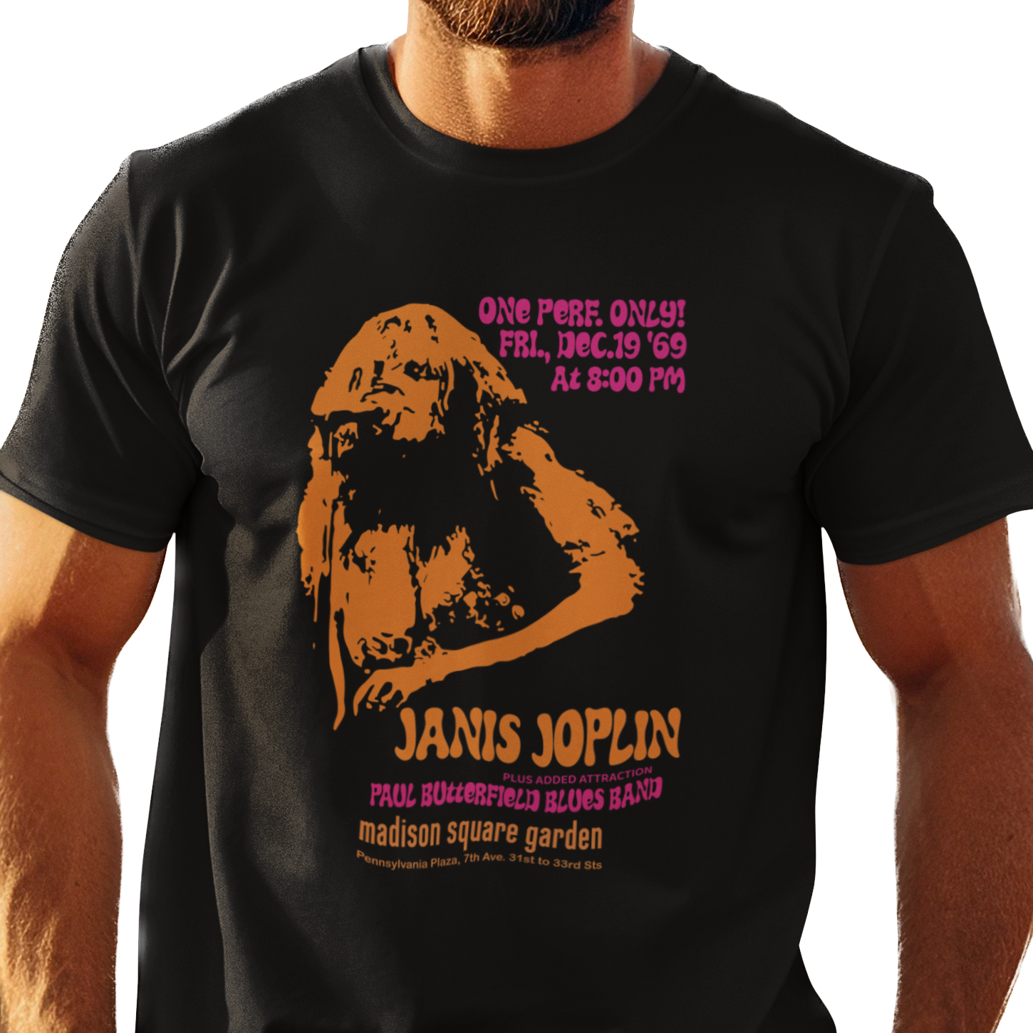 T-shirt with orange and pink graphic of Janis Joplin