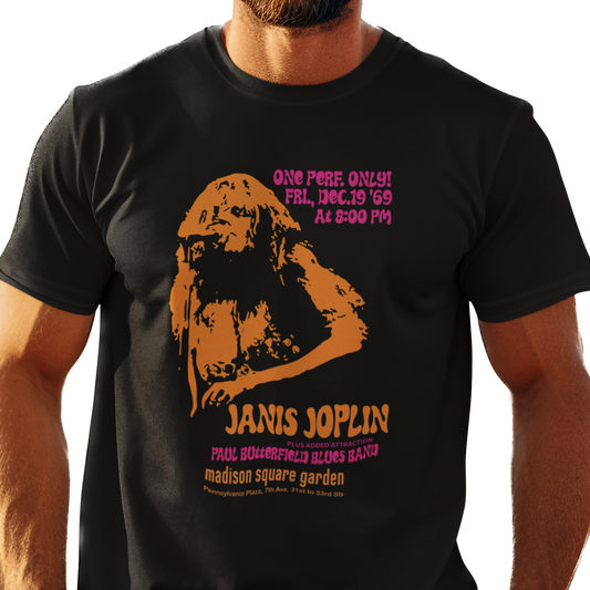T-shirt with orange and pink graphic of Janis Joplin