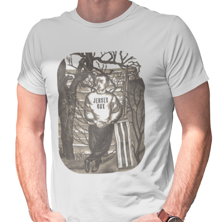 T-shirt with a graphic of a young man wearing a sweatshirt with 'Jersey Guy' text.