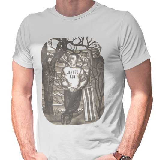 T-shirt with a graphic of a young man wearing a sweatshirt with 'Jersey Guy' text.