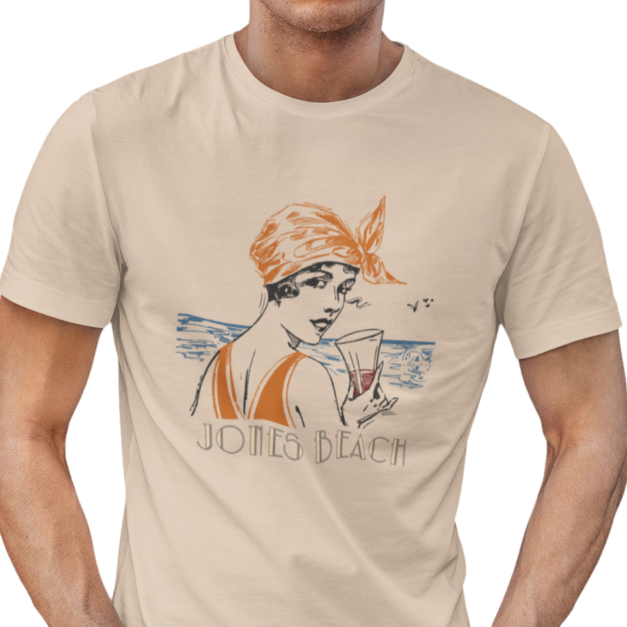 T-shirt with woman at the beach graphic and "Jones Beach" text