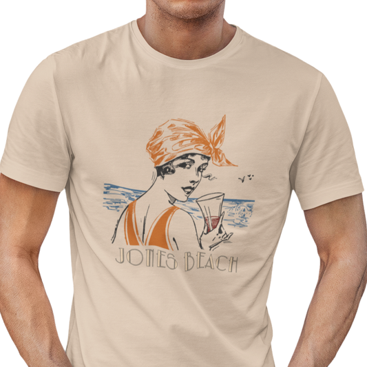 T-shirt with woman at the beach graphic and "Jones Beach" text