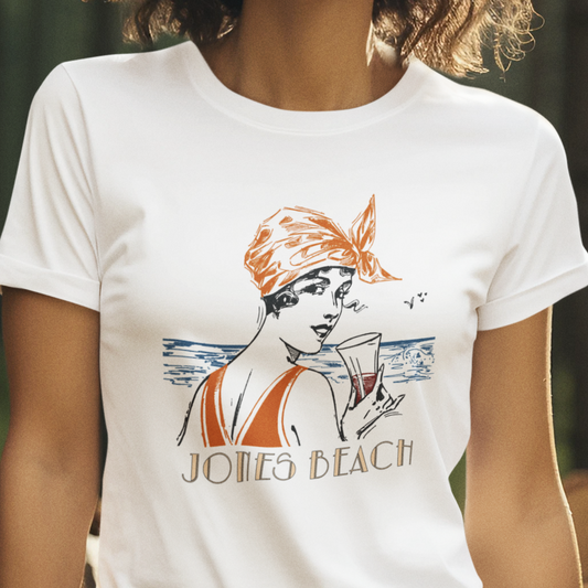 T-shirt with woman at the beach graphic and "Jones Beach" text