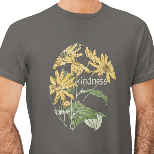  t-shirt with yellow flowers and the word 'kindness' on a white background