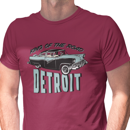 T shirt with "King of the Road Detroit" text and classic car graphic.