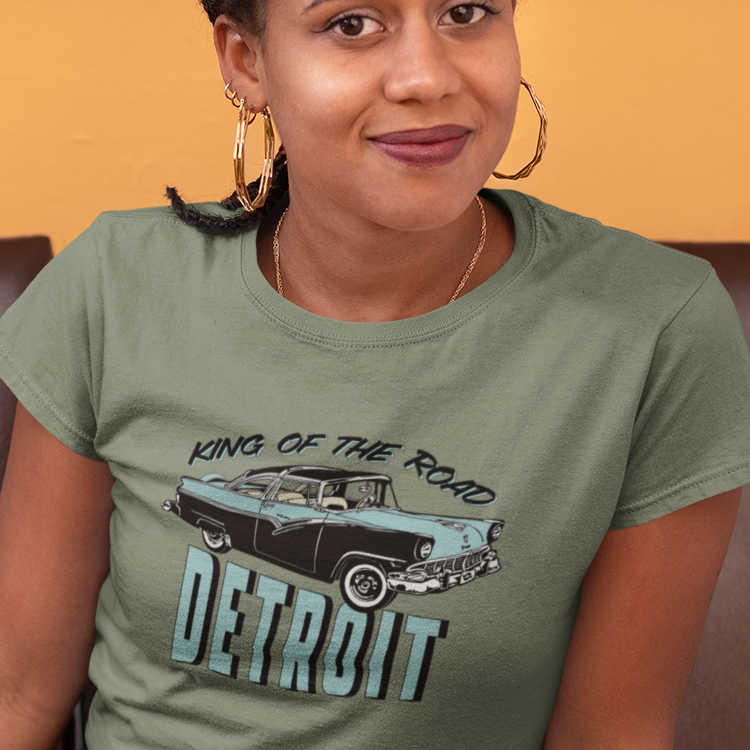 T shirt with "King of the Road Detroit" text and classic car graphic.