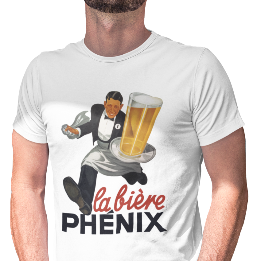 T-shirt with a graphic of a waiter and beer glass, featuring the text 'la bière PHéNIX'.