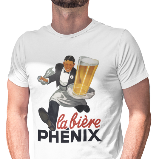 T-shirt with a graphic of a waiter and beer glass, featuring the text 'la bière PHéNIX'.