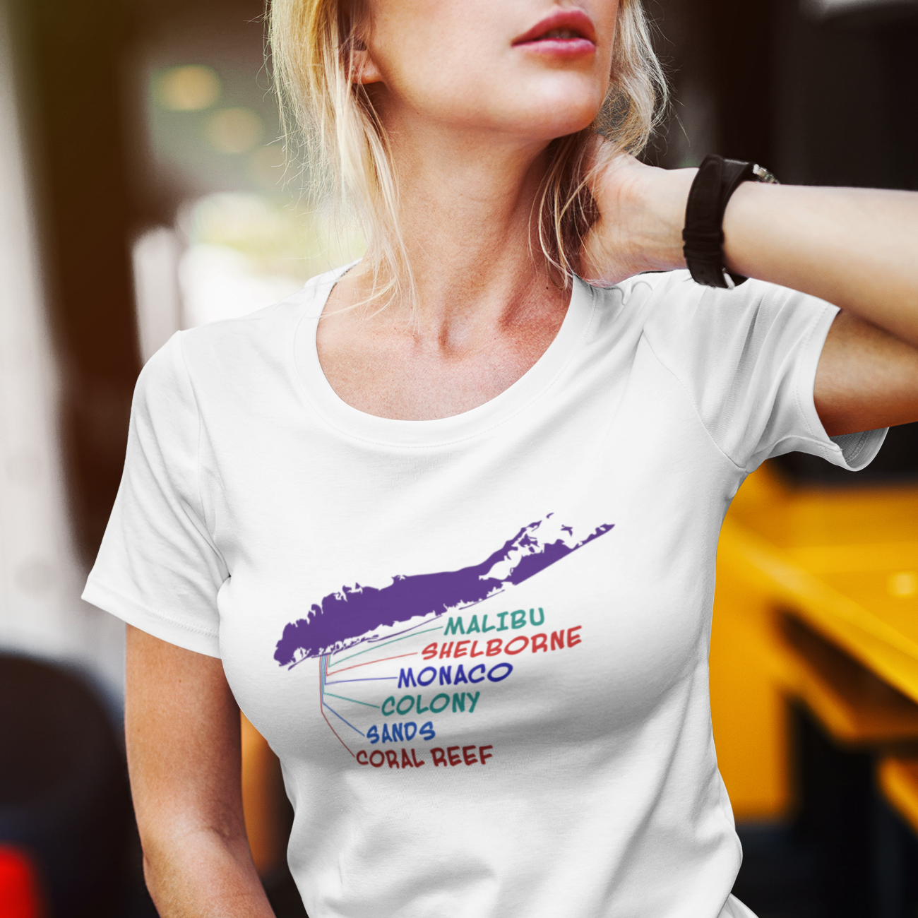 T-shirt with a map of Long Island graphic and a colorful list of the old Lido Beach clubs text.