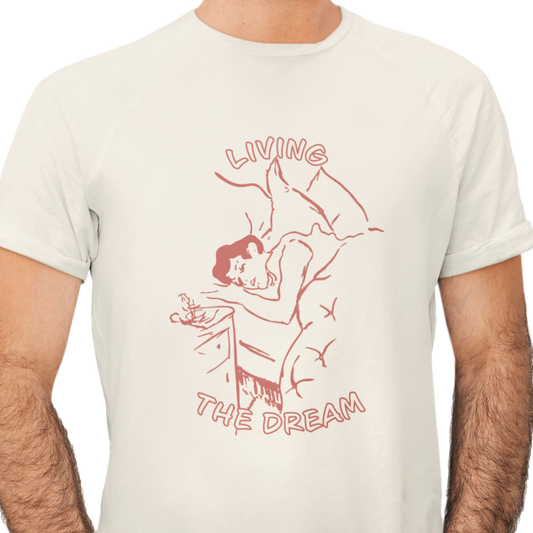 Beige t-shirt with red graphic and 'Living the Dream' text on a white background