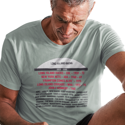 T-shirt with graphic of Long Island Arena and text of sports teams and music acts that played there.