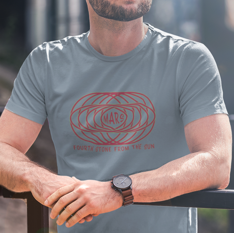 T-shirt with text "MARS" in the center of a futuristic graphic design and "Fourth Stone from the Sun" below the graphic.