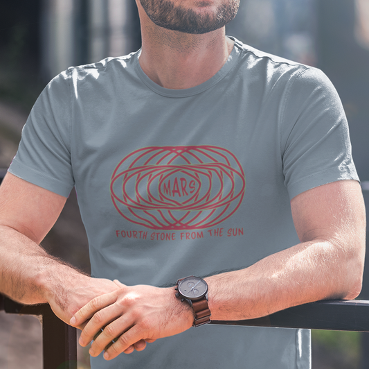 T-shirt with text "MARS" in the center of a futuristic graphic design and "Fourth Stone from the Sun" below the graphic.