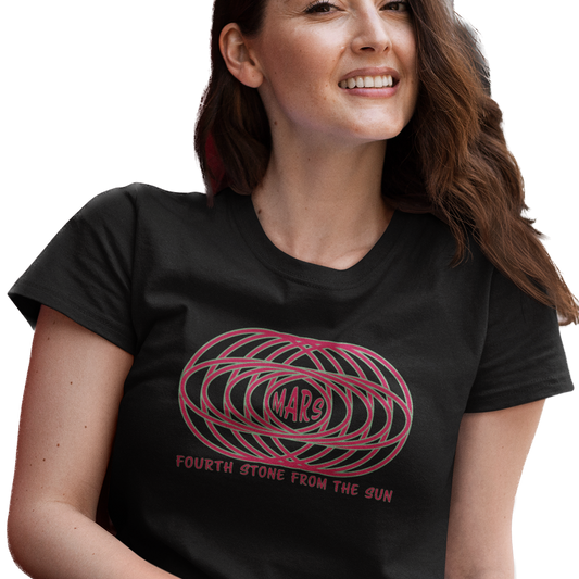 T-shirt with text "MARS" in the center of a futuristic graphic design and "Fourth Stone from the Sun" below the graphic.