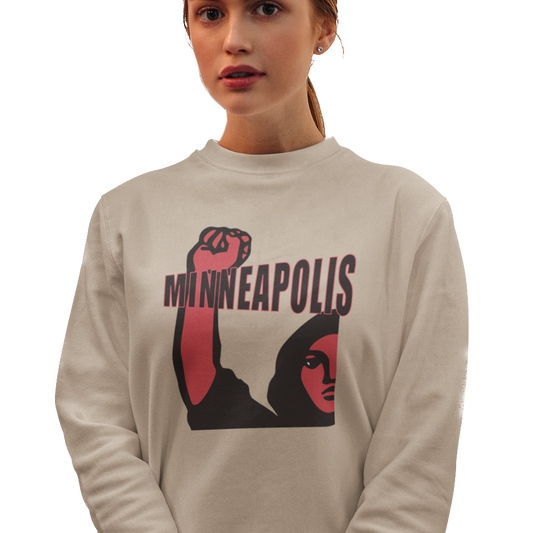 Sweatshirt with 'Minneapolis' text and graphic of a woman protester 