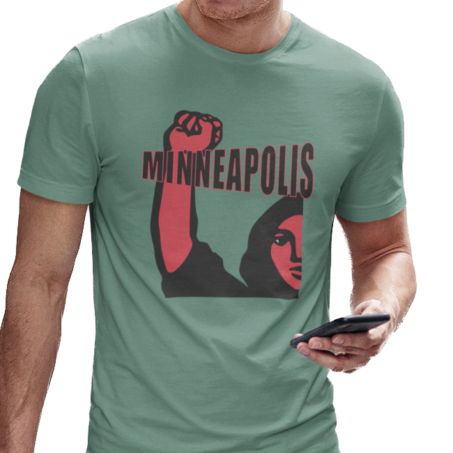 T-shirt with 'Minneapolis' text and graphic of a woman protester 