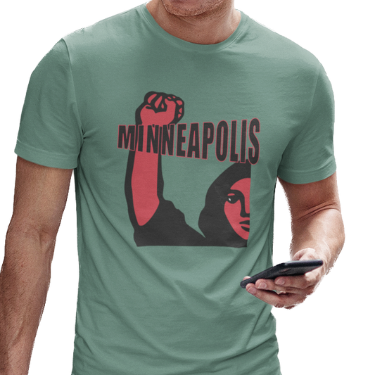 T-shirt with 'Minneapolis' text and graphic of a woman protester 