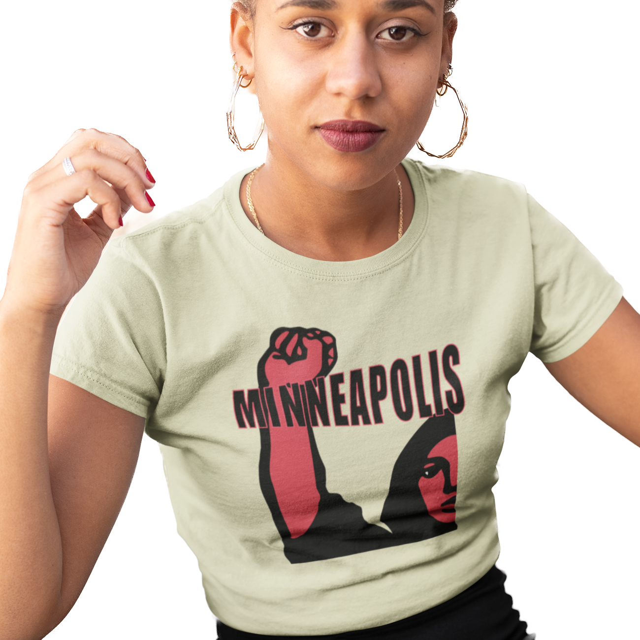T-shirt with 'Minneapolis' text and graphic of a woman protester 