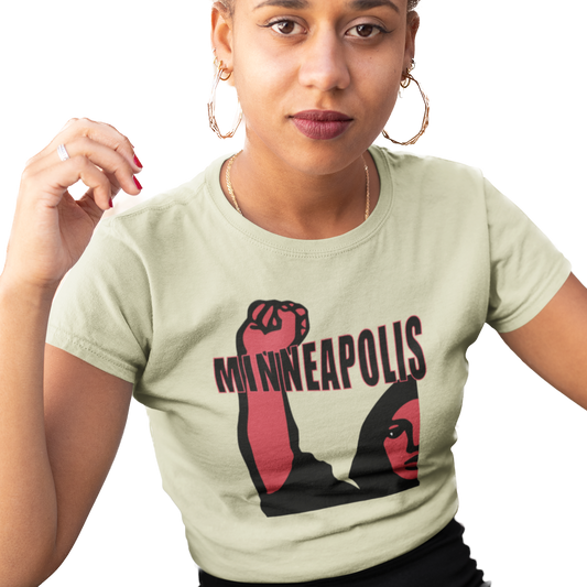T-shirt with 'Minneapolis' text and graphic of a woman protester 