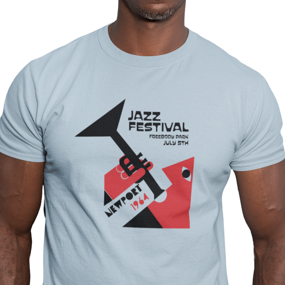 T-shirt with Trumpet player graphic and Newport Jazz Festival 1964 text.