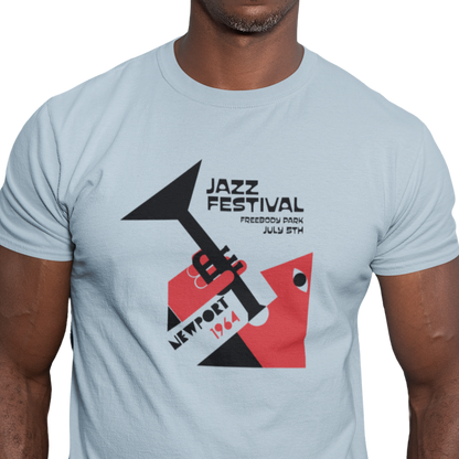 T-shirt with Trumpet player graphic and Newport Jazz Festival 1964 text.