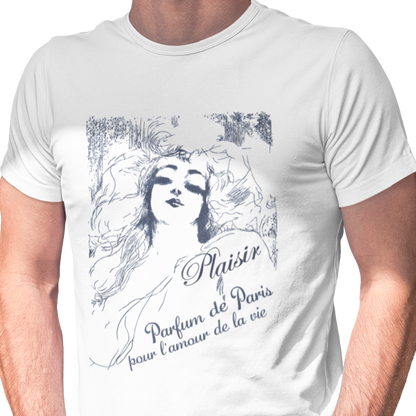 T-shirt with graphic of fictional French perfume ad.