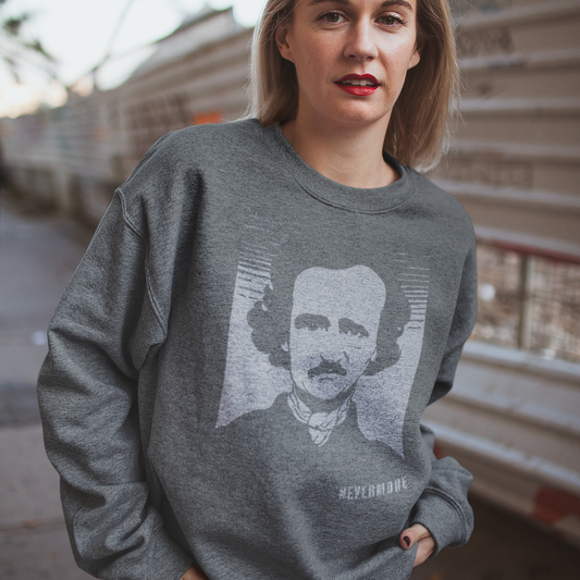 Sweatshirt with a graphic of Edgar Allan Poe and text 'Nevermore.'