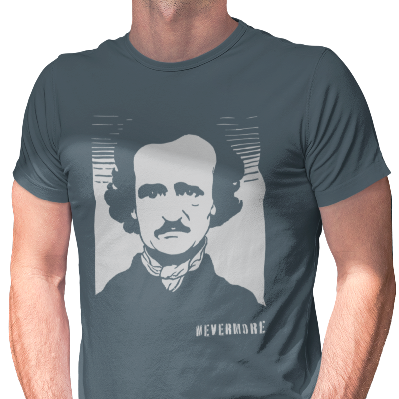 T-shirt with a graphic of Edgar Allan Poe and text 'Nevermore.'