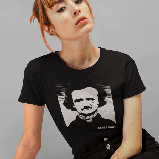 T-shirt with a graphic of Edgar Allan Poe and text 'Nevermore.'