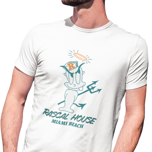 t-shirt commemorating the old Rascal House restaurant with rascal character graphic and 'Rascal House Miami Beach' text