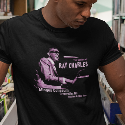 T-shirt with a graphic of Ray Charles and text 