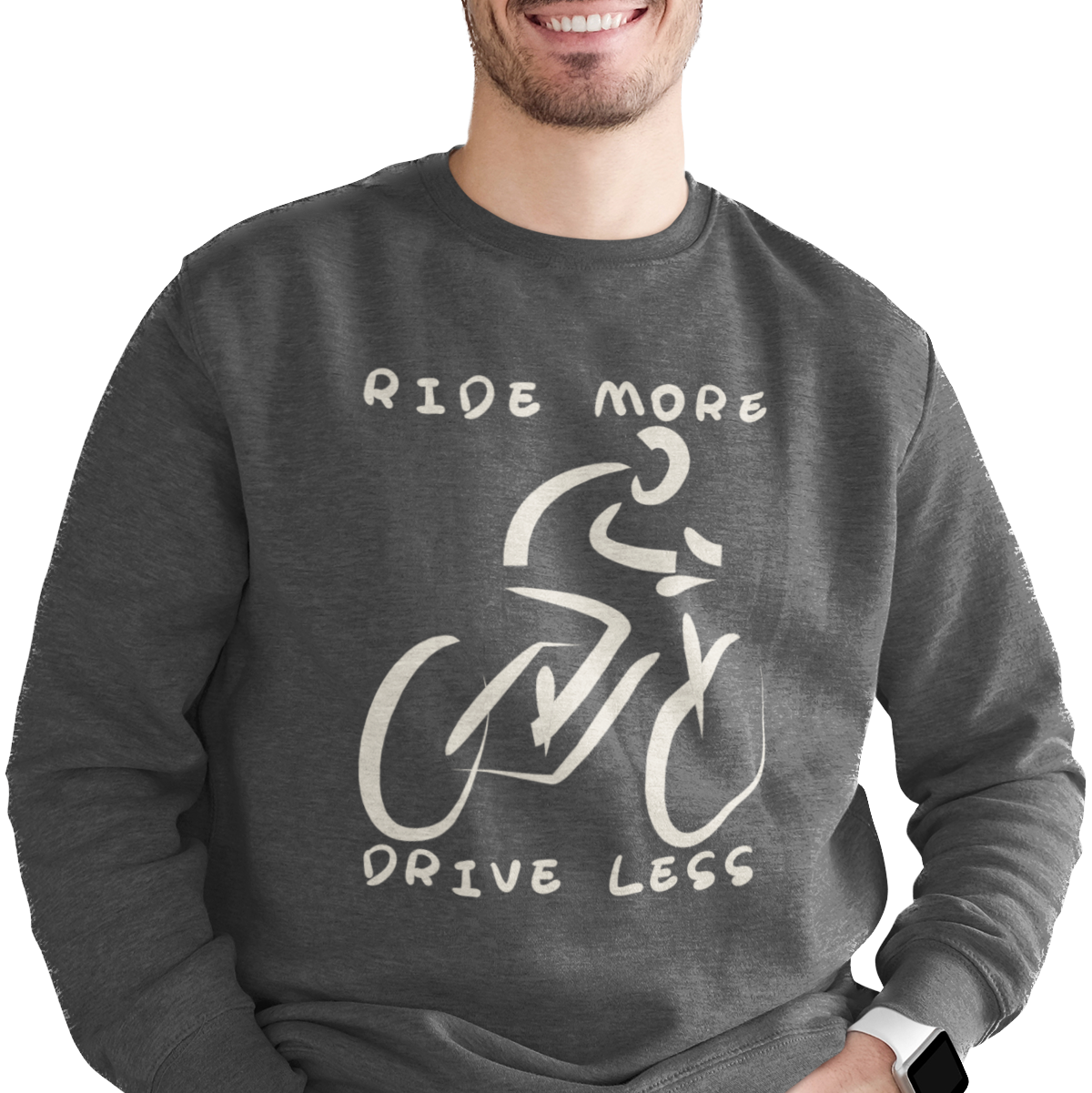 Sweatshirt with "Ride More Drive Less" text and minimalist cyclist graphic.