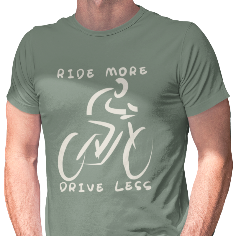 T-shirt with "Ride More Drive Less" text and minimalist cyclist graphic.