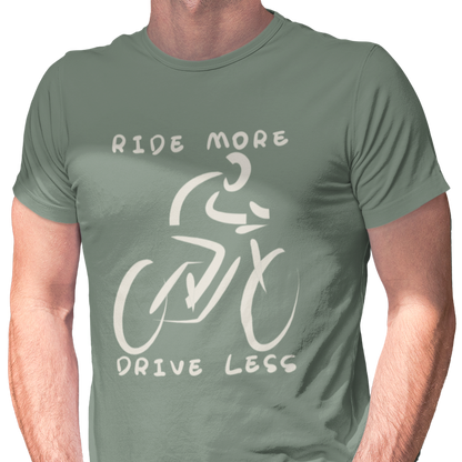 T-shirt with "Ride More Drive Less" text and minimalist cyclist graphic.