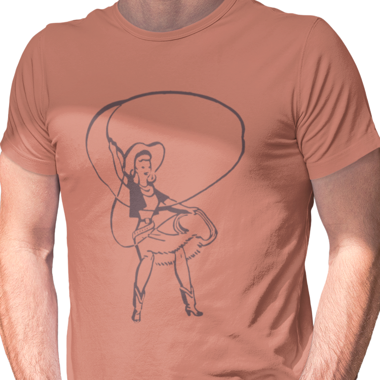 T-shirt with a graphic of a cowgirl roper with a lasso.