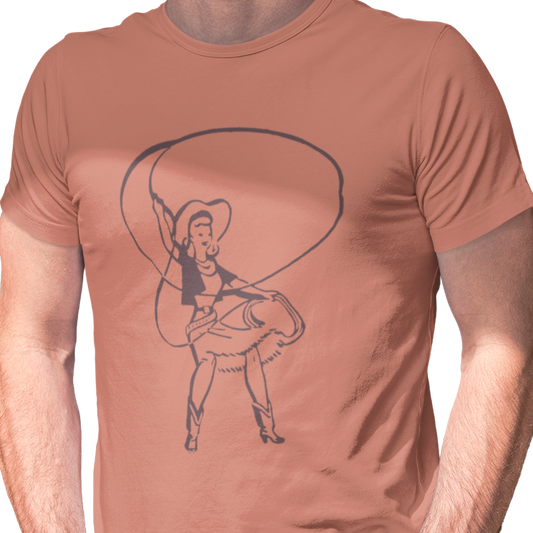 T-shirt with a graphic of a cowgirl roper with a lasso.