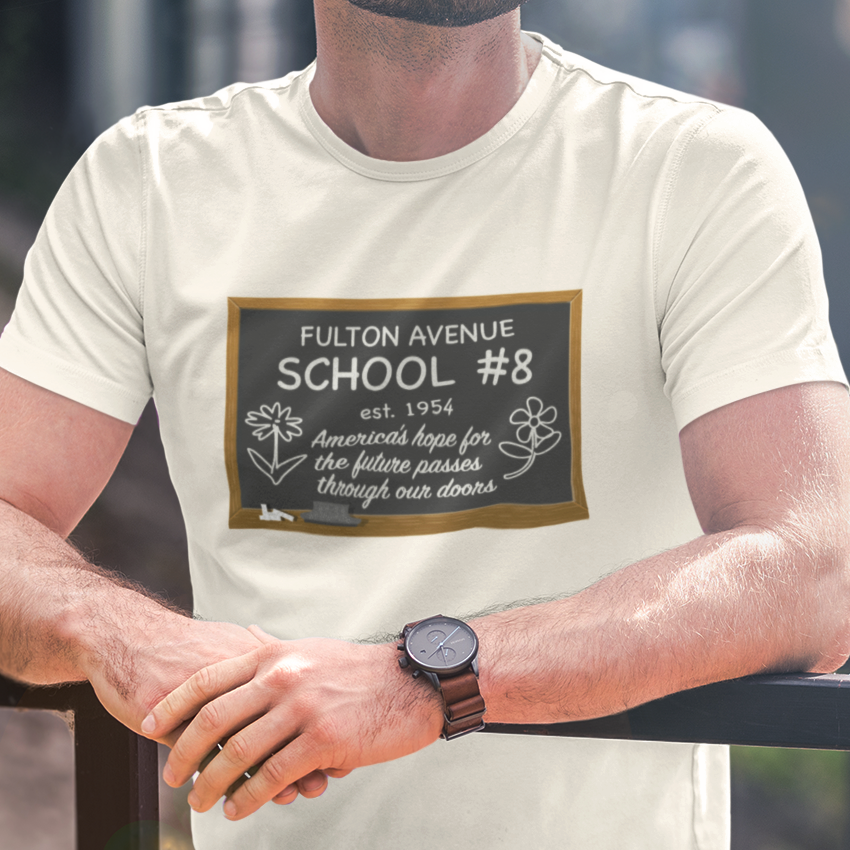 T-shirt with 'Fulton Avenue School #8' text 
