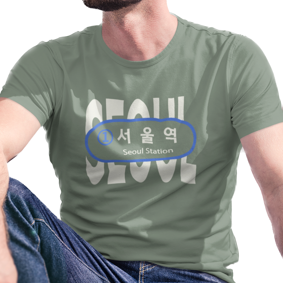 T-shirt with 'Seoul' text covered by a Seoul Station subway sign in English and Korean.