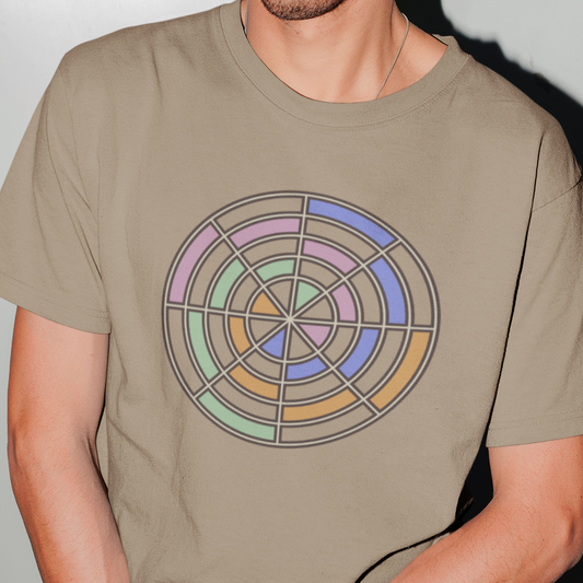 T-shirt with a colorful circular design 
