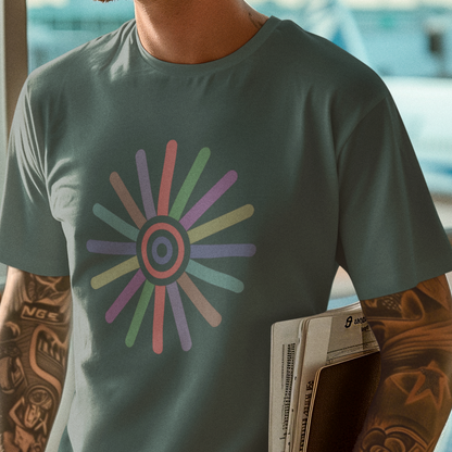T-shirt with a colorful circular design 