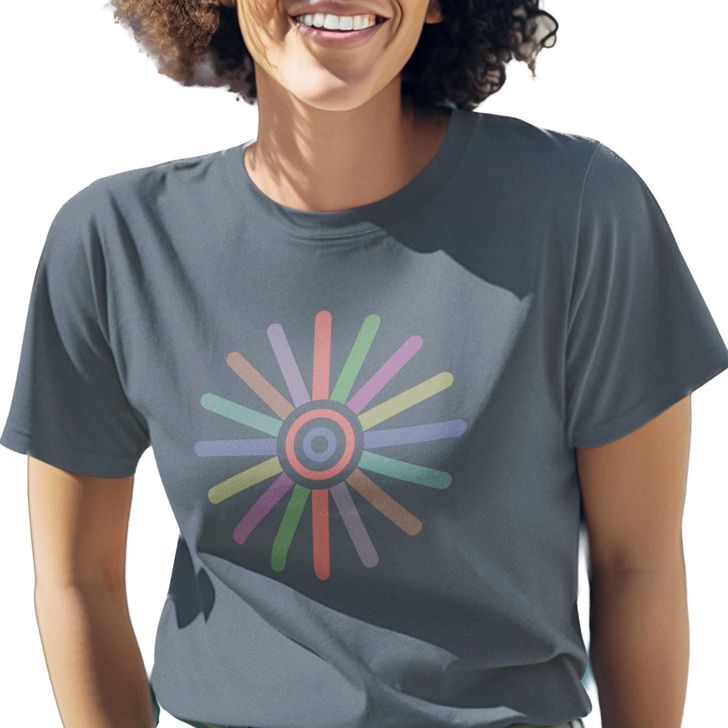 T-shirt with a colorful circular design 