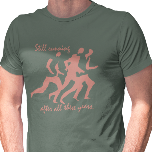 T-shirt with runner graphic and text