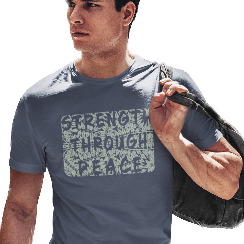 T-shirt with a green floral graphic and 'Strength Through Peace' text.