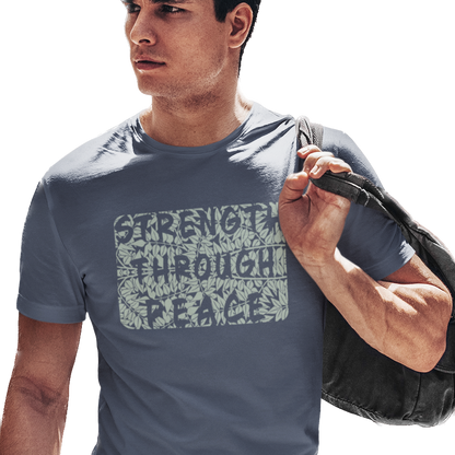 T-shirt with a green floral graphic and 'Strength Through Peace' text.