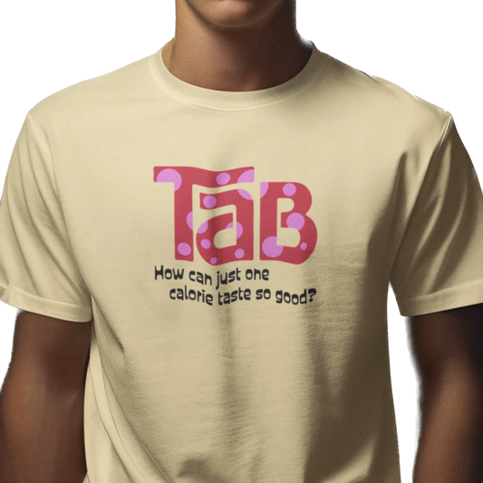 T-shirt with colorful 'tab' graphic and text