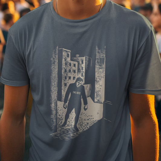 T-shirt with a graphic image of a man in a city.