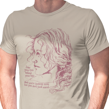 T-shirt with graphic of a serious woman and text of Brandi Carlile lyrics from her song 'The Joke'